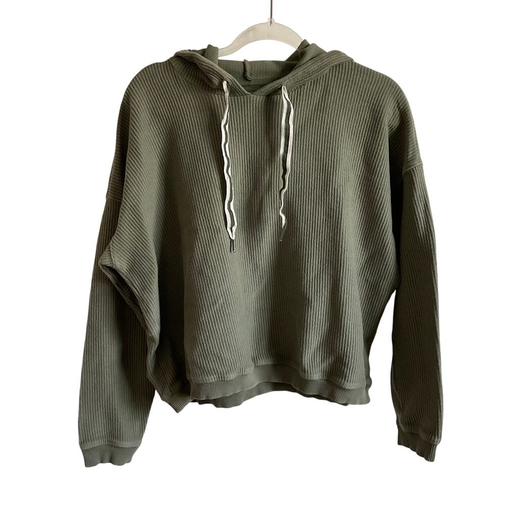 Aerie Green Ribbed Cropped Oversized Casual Hoodie - Size Medium